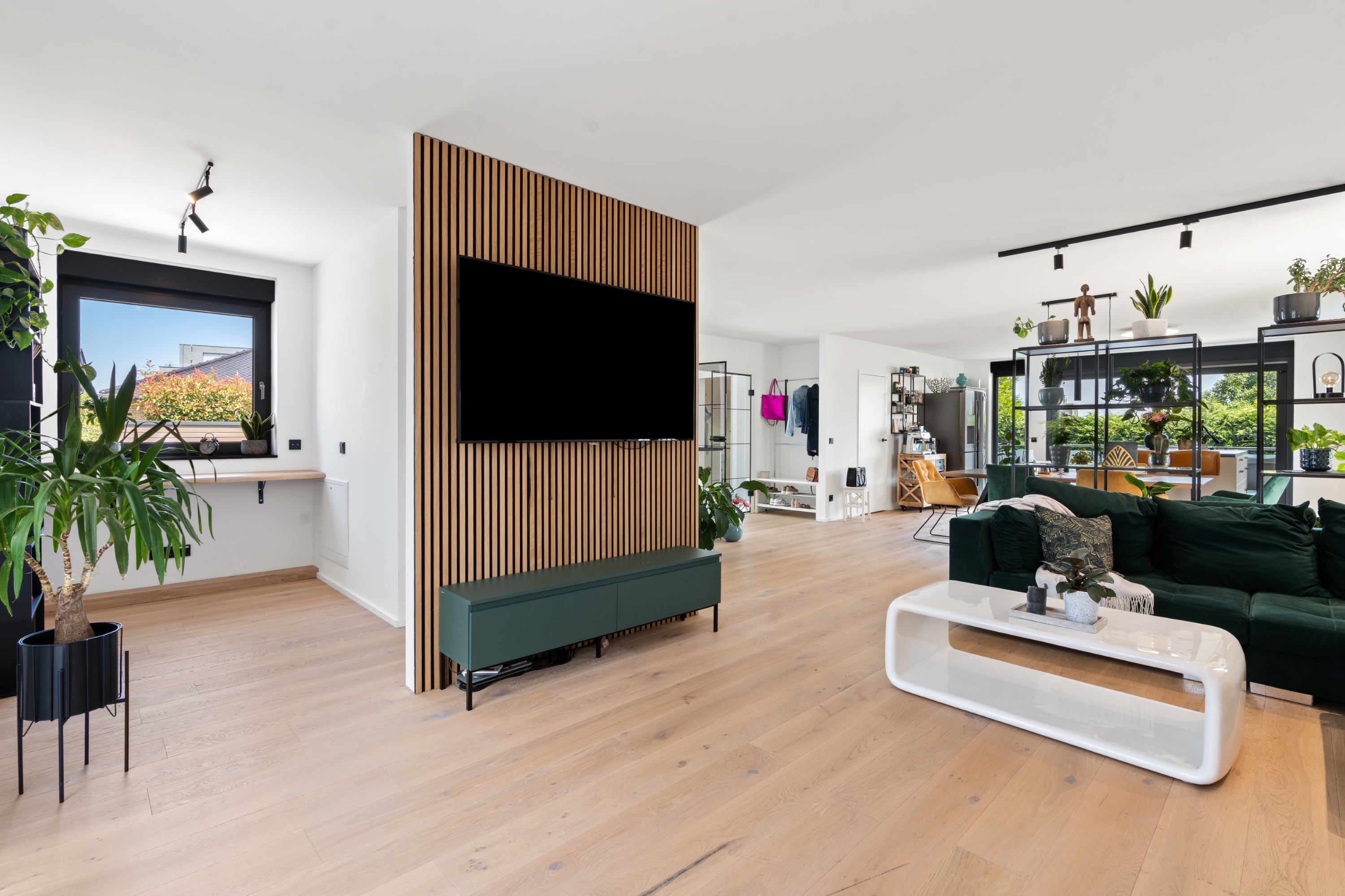Helle Eichen-Landhausdielen im Wohnzimmer mit grünem Sofa